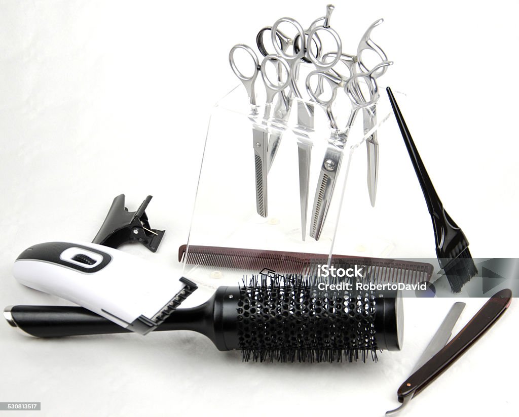 Hairdresser scissors and tools on white background Hairdresser scissors and tools Arts Culture and Entertainment Stock Photo