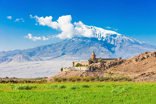 Khor Virap Monastery Khor Virap with Mount Ararat in background. The Khor Virap is an Armenian monastery located in the Ararat plain in Armenia, near the border with Turkey. monastery stock pictures, royalty-free photos & images