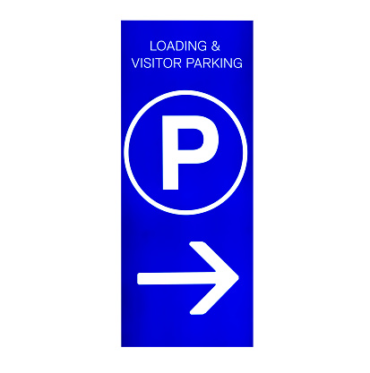 Blue parking sign for visitors and loading isolated on white square background, clipping path and copy space included, full frame square composition