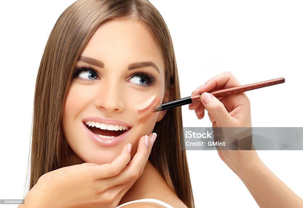 Process of make up Make up woman face. Contour and highlight makeup. Ceremonial Make-Up Stock Photo