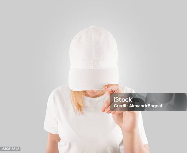 Blank White Baseball Cap Mockup Template Wear On Women Head Stock Photo - Download Image Now
