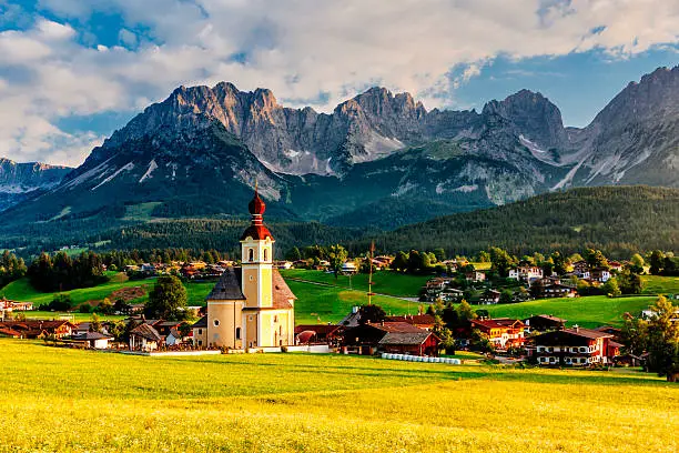 Austrian village of Going below the Wilder Kaiser mountain in Austrian Tirol. AdobeRGB colorspace.