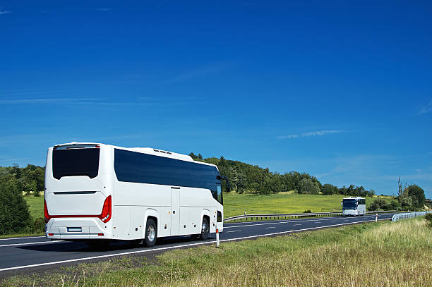 istock White buses driving on asphalt road in a rural landscape 530818986