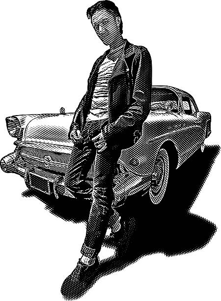 1950's bad boy wearing leather jacket with vintage car. Isolated on white.