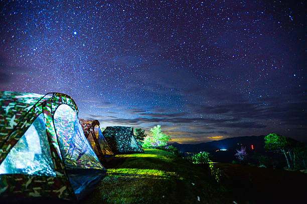 istock Night mountain landscape with illuminated tent 530823986