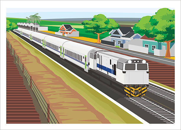 bildbanksillustrationer, clip art samt tecknat material och ikoner med train crossing small village - travel by train