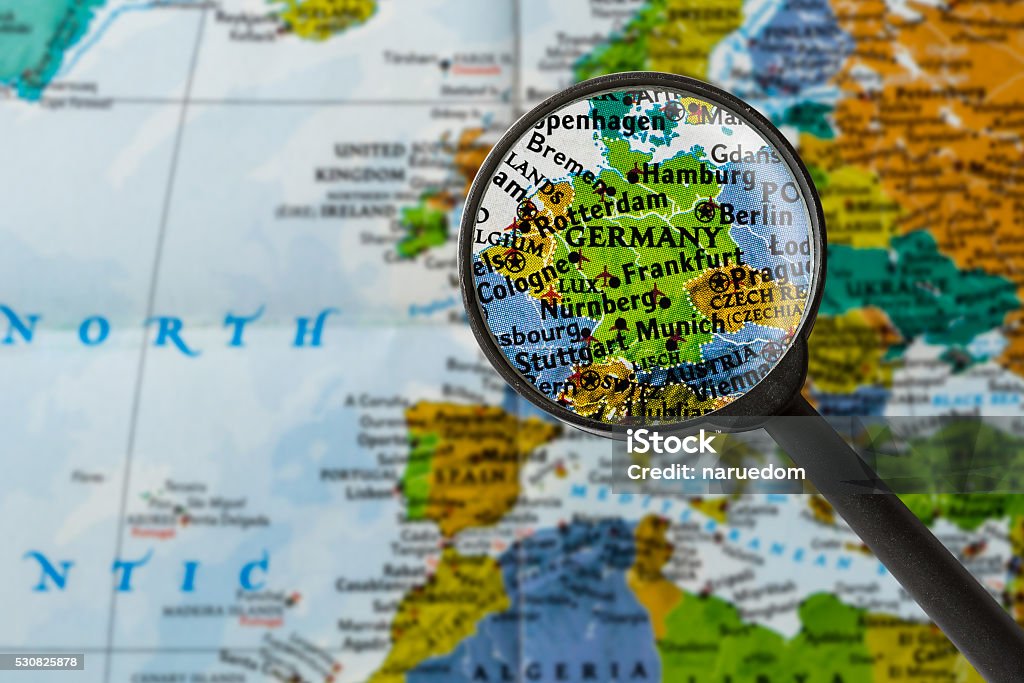 Map of Germany map of Germany through magnifying glass Germany Stock Photo