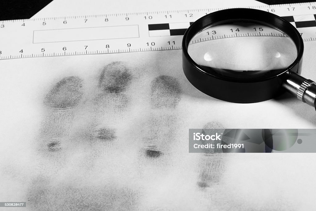 fingerprint fingerprint with measure and magnifying glass Black And White Stock Photo