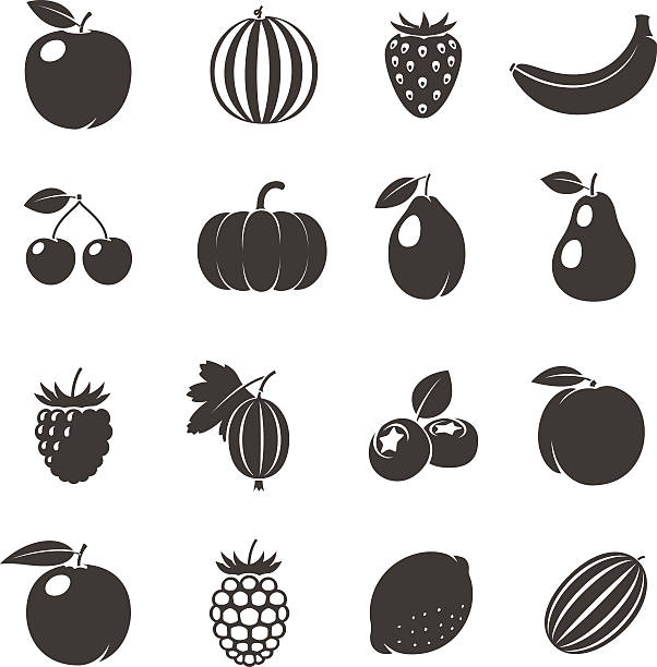 ilustraciones, imágenes clip art, dibujos animados e iconos de stock de vector de iconos negro de frutas - apple sign food silhouette