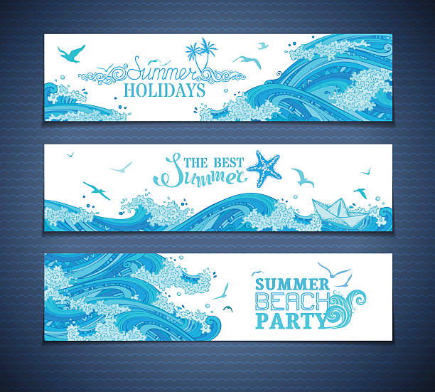 Vector set of sea/ocean horizontal banners. Bright hand-drawn illustration. Summer beach party. The best summer. Summer holidays. There is place for your text on white background. sailing background stock illustrations