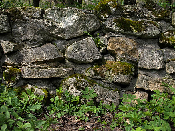 istock Old stones and moss on a stone wall. Green grass. 530833346
