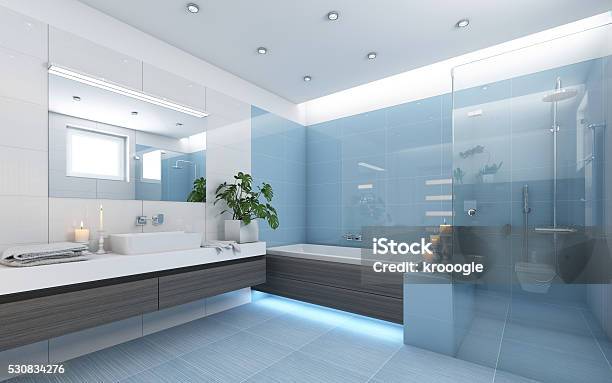 Bright Bathroom In Blue Stock Photo - Download Image Now - Apartment, Architecture, Chrome