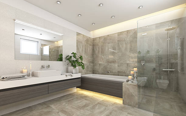 istock Bright Bathroom In Grey With Candels 530834484