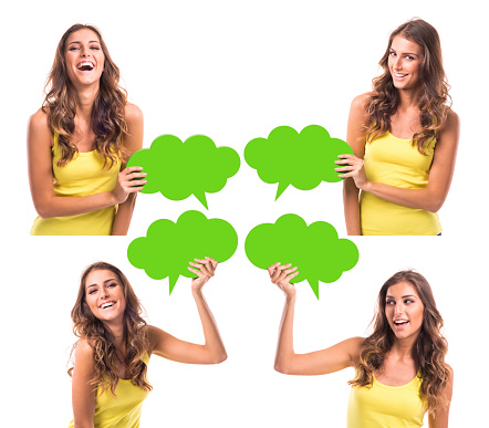 three speech bubbles paper  cut on grunge green background, for communication and social media, customer feedback concept