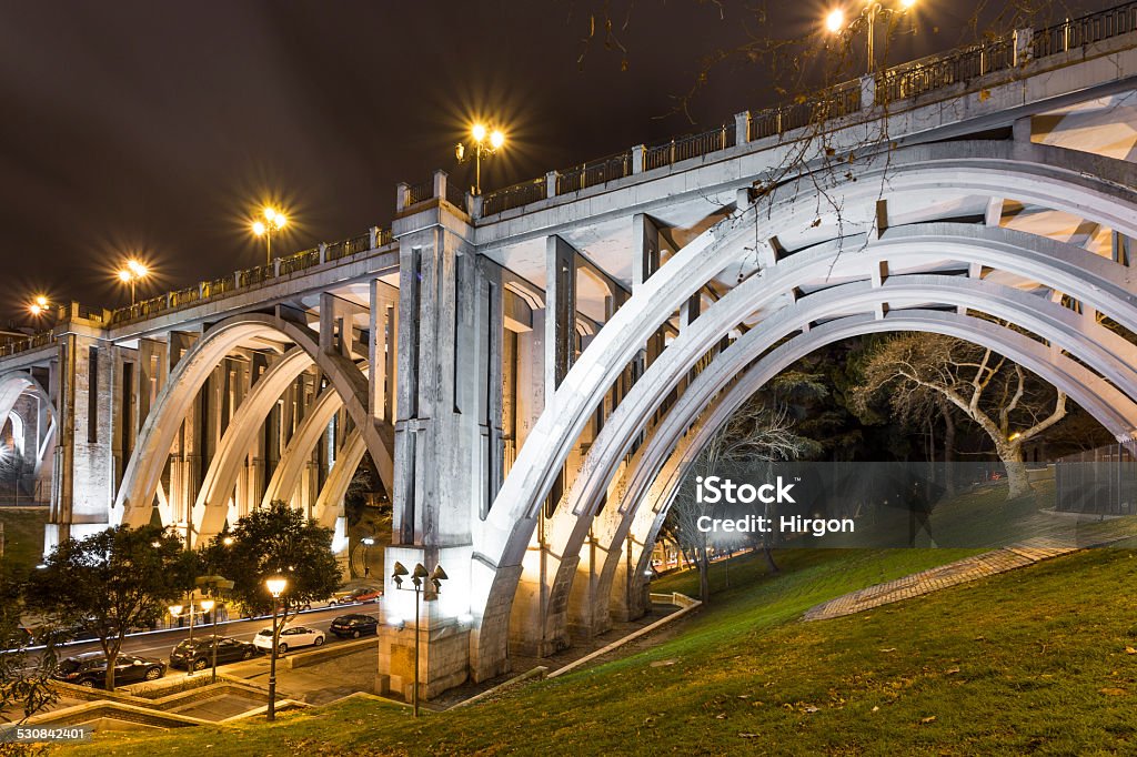 Madrid Viaduct Night view of the Madrid viaduct and Bailen Street Madrid Stock Photo