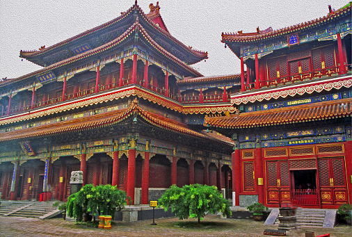 Beautifully decorated buildings of Lama temple in Beijing, China, stylized and filtered to look like an oil painting.
