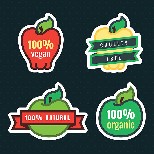 vegane, grausame kostenloses, natürlichen und biologischen produkten apple aufkleber - apple granny smith apple red green stock-grafiken, -clipart, -cartoons und -symbole