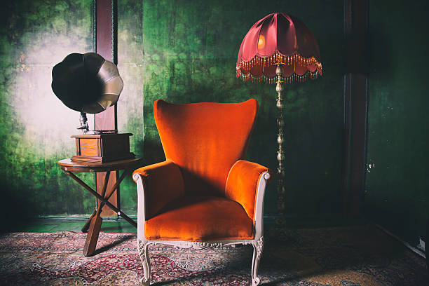 Orange seat with gramophone and lampshade