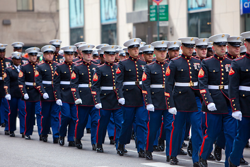 New York City, NY, USA - March 17, 2014: United States Marines at the annual St. Patrick's Day Parade that takes place on 5th Avenue in New York City. The parade is a celebration of Irish heritage in America and is the largest in the world.