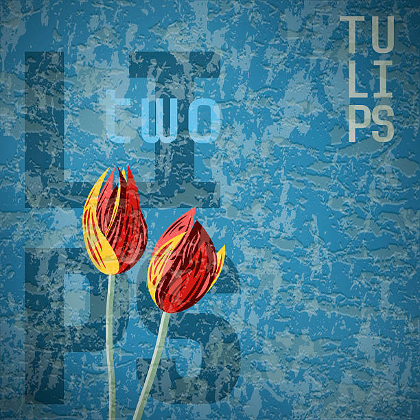 Two tulips. Graffiti illustration with flowers and text on blue grungy background, computer graphic.