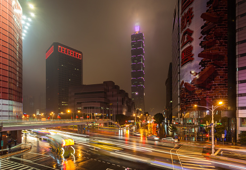 Taipei, Taiwan - December 28, 2014: Night View of Taipei during a rainy day. Taipei 101 visible in the background.
