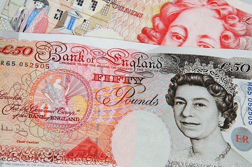England, United Kingdom - October 29, 2010: Two fifty pound notes, England, UK, Western Europe.