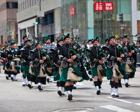 New York City, NY, USA - March 17, 2014: Participants at the annual St. Patrick's Day Parade that takes place on 5th Avenue in New York City. The parade is a celebration of Irish heritage in America and is the largest in the world.