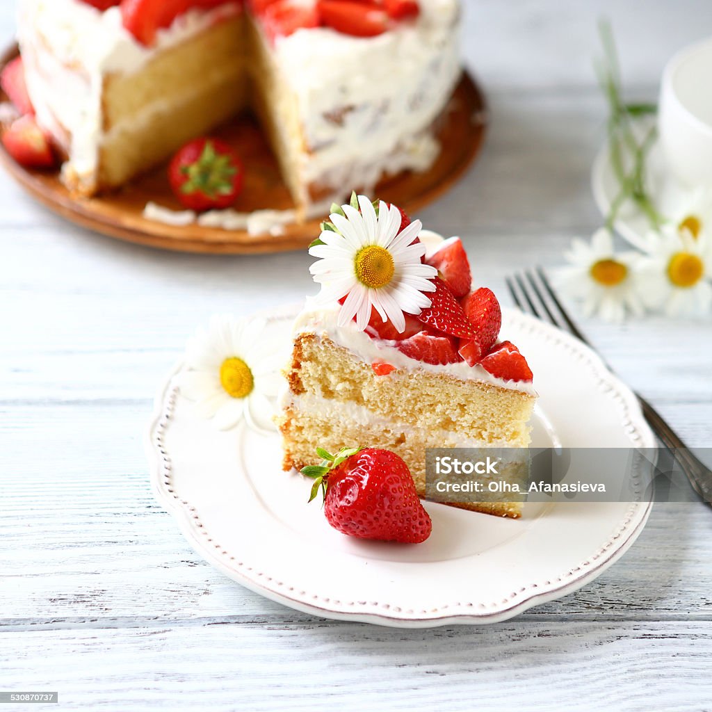 Piece of cake with strawberries Piece of cake with strawberries, sweet food Backgrounds Stock Photo