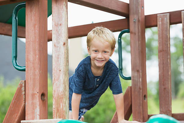 istock Cute little boy on playground equipment 530871527