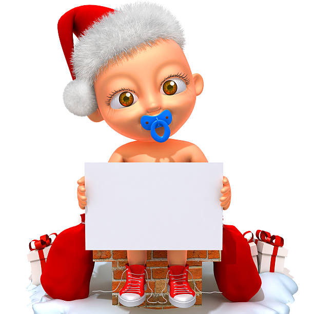 baby jake santa claus mit weißen panel 3d-illustration - christmas three dimensional shape small men stock-fotos und bilder