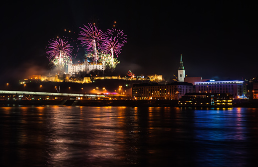 New Year Celebration. Fireworks on the Castle in Bratislava, Slovakia.