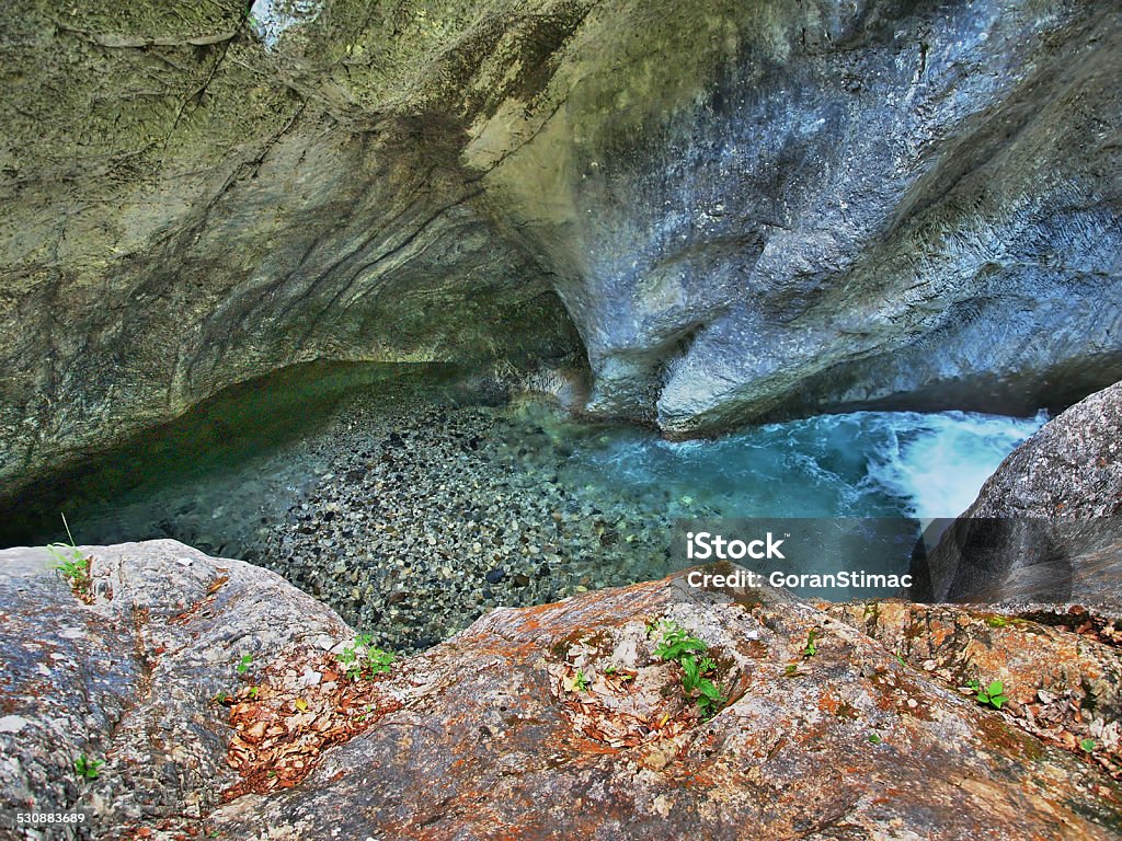 Turquoise canyon stream Abstract from famous Austrian ravine, Garnitzenklamm, Carinthia. HDR photo. 2015 Stock Photo