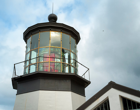 A close-up of the light tower of Cape Meares Lighthouse on the Oregon Coast