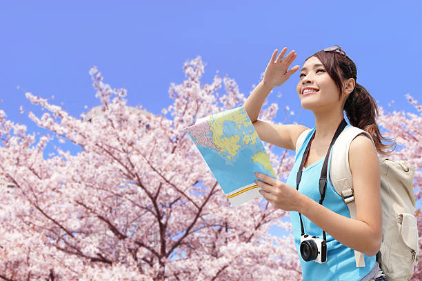 istock Happy travel woman with sakura tree 530888347