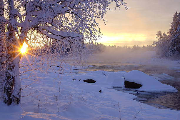 zima przez river - sun fog sky river zdjęcia i obrazy z banku zdjęć