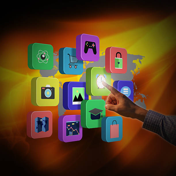 istock Businessman touching colorful application icons 530902039