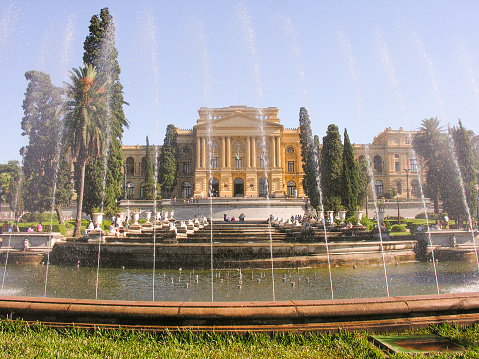 Sao Paulo, Brazil, February 26, 2006: Fountain shoots water in front of Ipiranga Museum or the Museu Paulista of the University of Sao Paulo. 