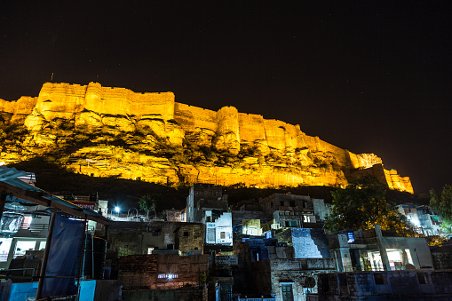 Mehrangarh Fort overlooking the famous blue city  in Jodhpur, Rajasthan, India.