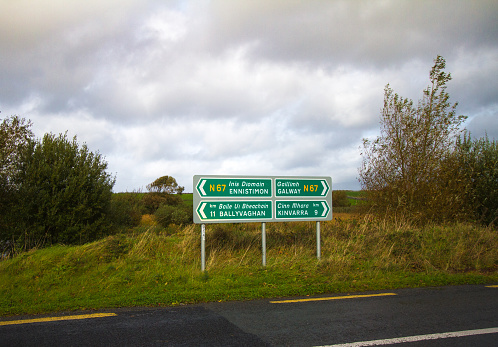 Roadway and Road Signs in the Burren, Ireland. Copy space available.