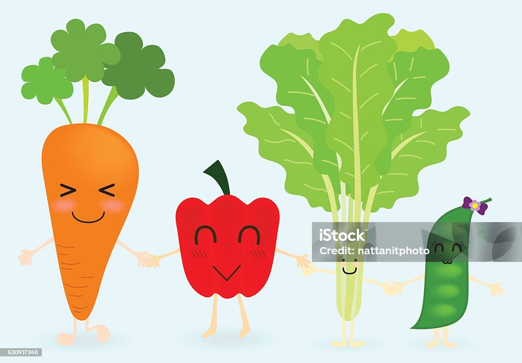 Vegetable cartoon character Vegetables cartoon character include carrot, bell pepper, choy and green pea are happy face Arts Culture and Entertainment stock vector
