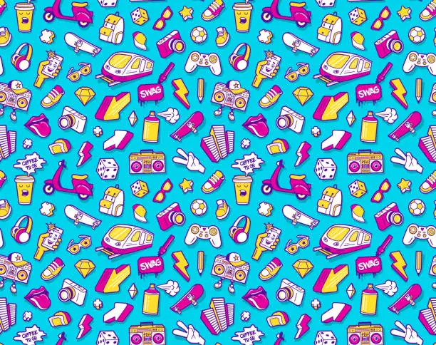 Vector illustration of Graffiti seamless pattern with line icons collage