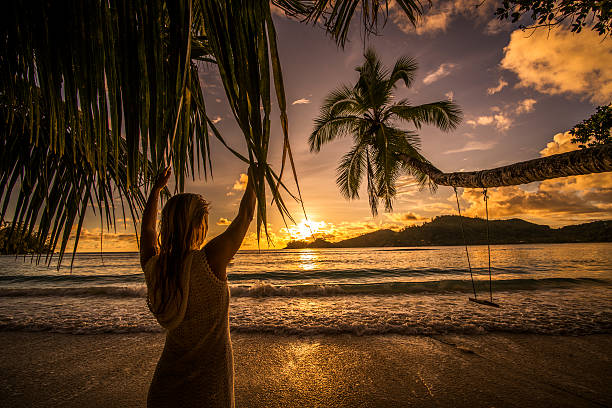 istock Back view of a woman looking at breathtaking sunset. 530918340