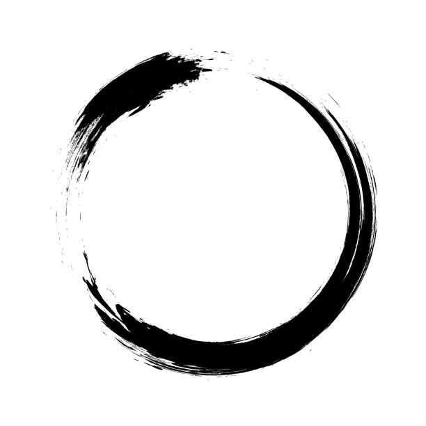 Enso – Circular brush stroke (Japanese zen circle calligraphy n°1) Ensō character in black and white, a circular brushstroke used in Japanese calligraphy. It represents the state of mind at the moment of creation and symbolizes absolute enlightenment, strength, elegance, the universe, and the void. Comparable to the Taoist sign of yin and yang. calligraphy illustrations stock illustrations