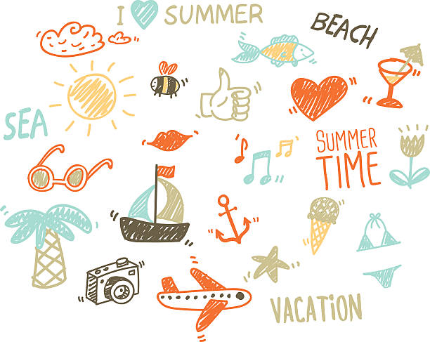 Vector collection of summer elements in sketch style Hipster colors funny sketches of summer stuff beach drawings stock illustrations