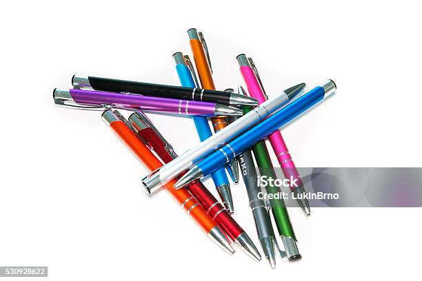 Office Colored Pens Scattered On The Table Stock Photo - Download Image Now  - Ballpoint Pen, Blue, Business - iStock