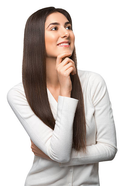 istock Beautiful business woman smiling looking up at copy space 530930607