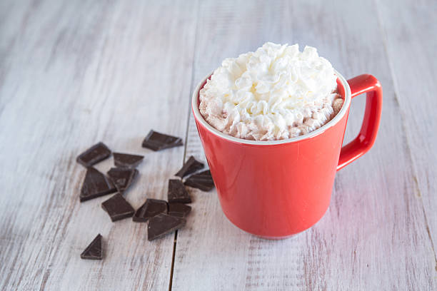 Mug of Winter Hot Chocolate Beverage With Whipped Cream stock photo