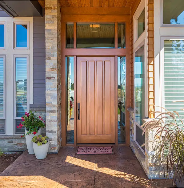 Elegant front door with welcome mat