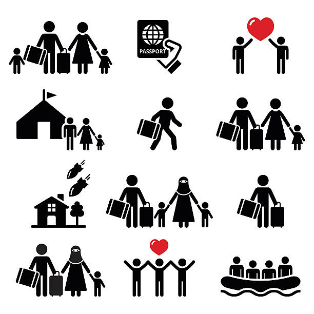 ilustraciones, imágenes clip art, dibujos animados e iconos de stock de los refugiados, inmigrantes, familias en funcionamiento, lejos de sus países conjunto de iconos - single word islam religion text