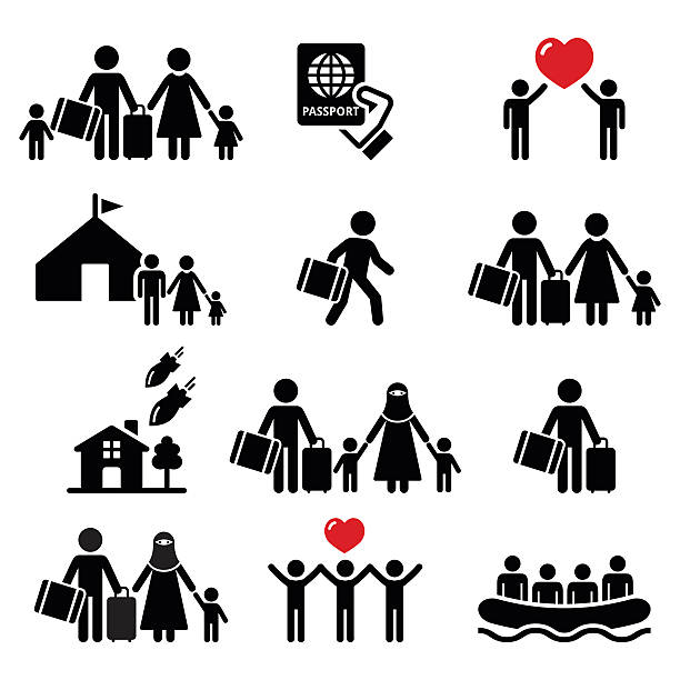 Refugee, immigrants, families running away from their countries icons set Refugee family vector icons set isolated on white  burka stock illustrations